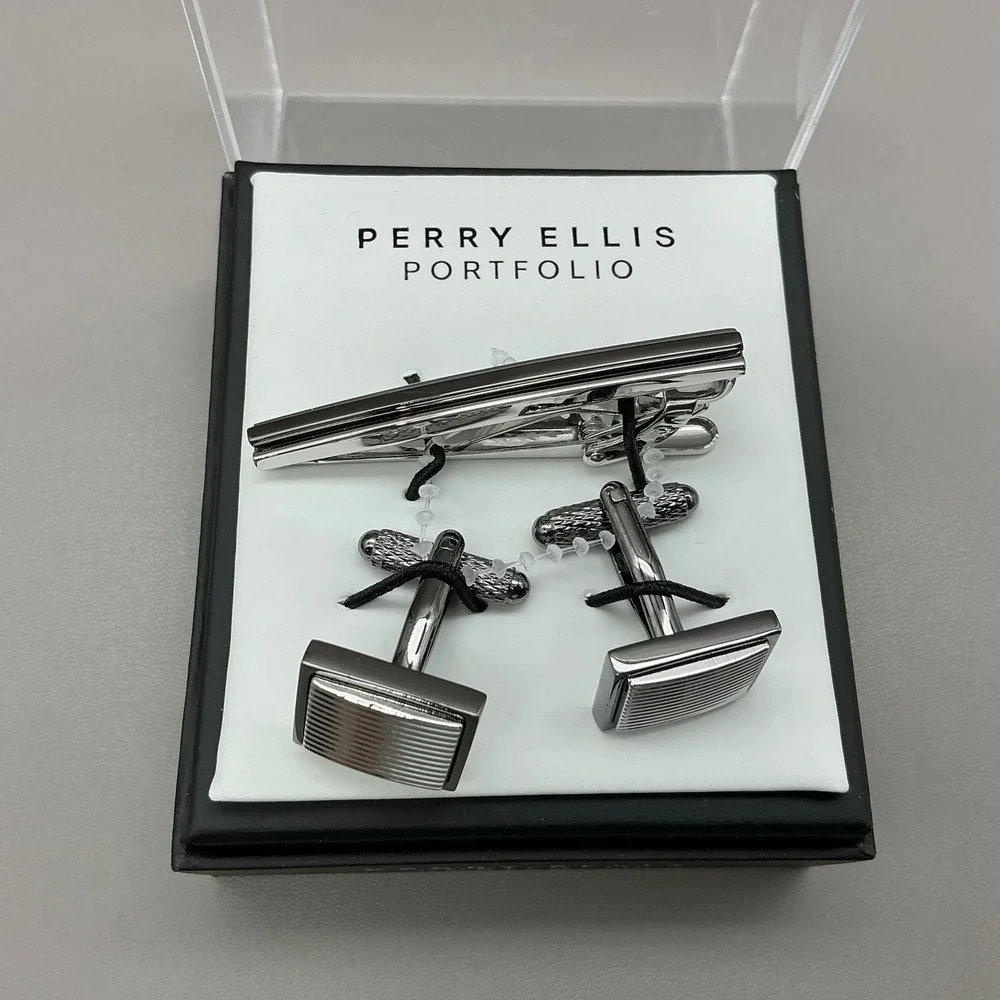 Perry Ellis Cufflinks Tie Bar Set Silver Tone Striped Formal Gift Box